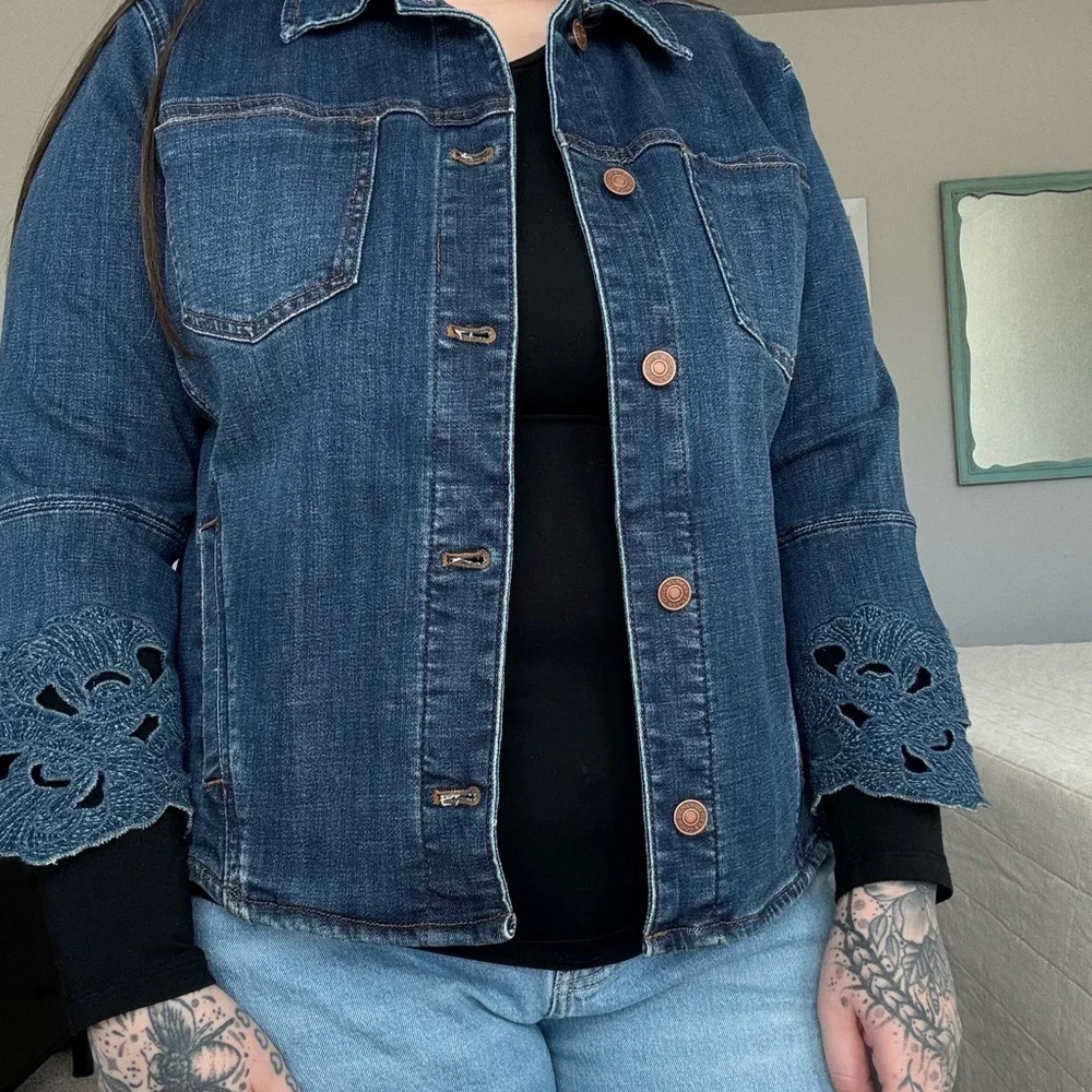 Chico's Blue Jean Jacket with Lace Sleeves - Picture 1 of 11